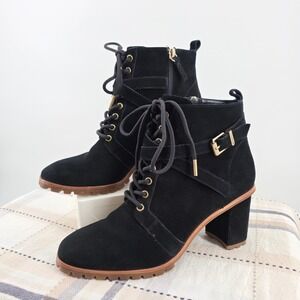 White House Black Market Becca Combat Boots Black Suede Lace Up Block Heel 9M